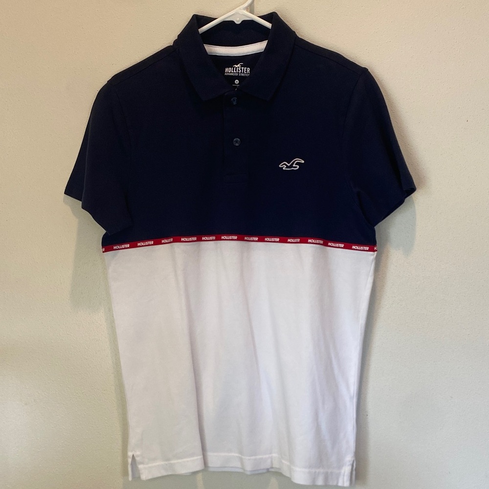Hollister Men's Navy, White & Red Trim Block Polo - Men’s Medium